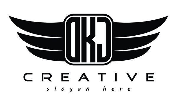 OKJ three Letter Wings minimalist creative concept flag Flying abstract Initial wing symbol icon professional logo design, Vector template