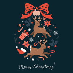 Christmas card with deer in a circle. Vector graphics.