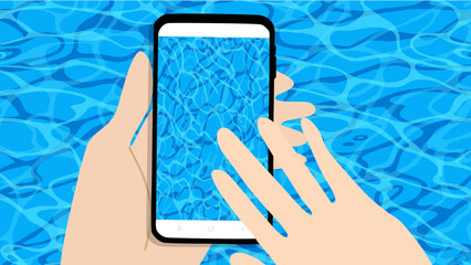 A hand is holding a black mobile phone another hand is taking pictures of blue water, realistic minimalist illustration vector