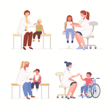 Set of illustrations "Children at the doctor" on a white background. Collection of various scenes of pediatricians examining and consulting patients. Flat cartoon vector characters.