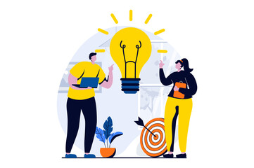 Branding team concept with people scene in flat cartoon design. Man and woman generates new ideas and brainstorming, developed improvement strategy for brand. Vector illustration visual story for web