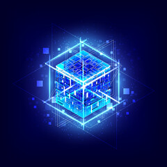 HUD energy box. Smart code. Big data. Digital chip. Glare grid lines. Glow 3D cubes. CPU core. Abstract technology background. Futuristic isometric hi-tech. Computer engineer. Blockchain network