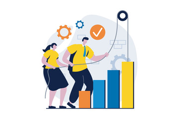 Business making concept with people scene in flat cartoon design. Woman and man work in team and develop business, improve sales and financial statistics. Vector illustration visual story for web
