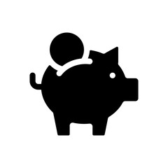 Put coin into piggy bank black glyph ui icon. Save money. Budget and capital. User interface design. Silhouette symbol on white space. Solid pictogram for web, mobile. Isolated vector illustration