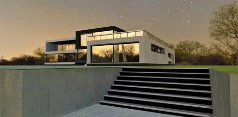 Quiet starry night. A white sailboat moored at a concrete pier is reflected in the window of a modern high-tech house. 3d render.