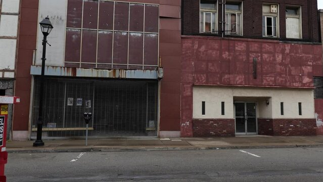 McKeesport, Pennsylvania, deserted downtown.  Dying steel town filled with closed businesses and depression. Stores, restaurants, bars and offices closed down.