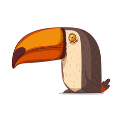 A Toucan, isolated vector illustration. Cute cartoon picture of a serene toucan stitting on the ground. Drawn bird sticker. Simple drawing of tropical bird on white background. © Kyyybic
