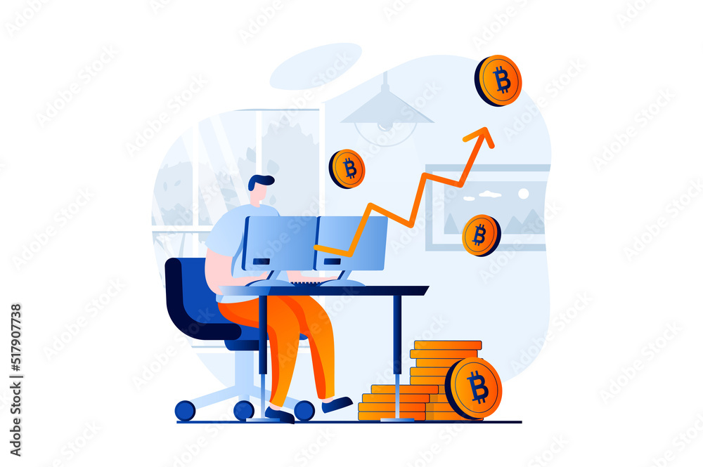 Aufkleber Cryptocurrency mining concept with people scene in flat cartoon design. Man mines bitcoins using computer, analyzes market data and increases money profit. Vector illustration visual story for web