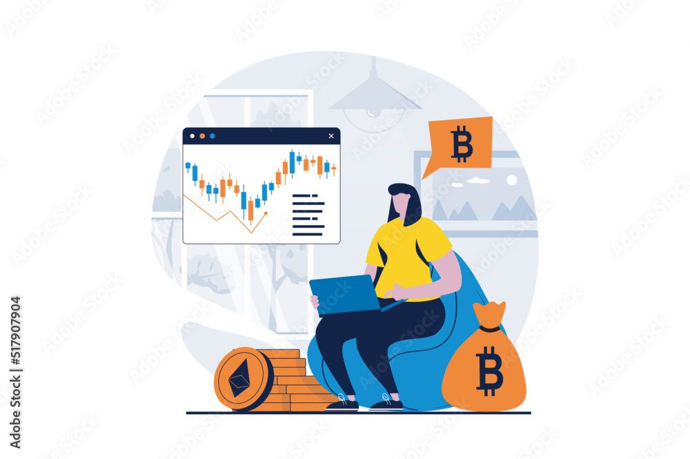 Poster cryptocurrency mining concept with people scene in flat cartoon design. woman monitors data of excha