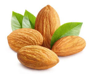 Fototapeta na wymiar Close-up of delicious almonds with leaves, isolated on white background