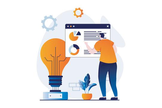 Data science concept with people scene in flat cartoon design. Man works with charts and graphs dashboard, making financial report and creates improvements. Vector illustration visual story for web
