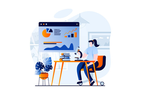 Data science concept with people scene in flat cartoon design. Woman works with charts and graphs at dashboard in laboratory for scientific research and test. Vector illustration visual story for web