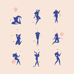 Contemporary woman silhouette vector illustration set. Nude female body, blue colored feminine figure with geometric shape abstract composition, Beauty, body care concept pack for branding. Modern art - 517908944
