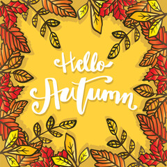 Hello Autumn hand lettering with leaves