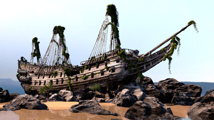 3D Rendering Pirate Ship - obrazy, fototapety, plakaty