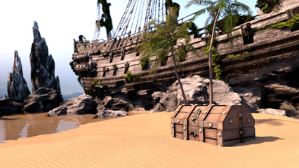 3D Rendering Pirate Ship - obrazy, fototapety, plakaty