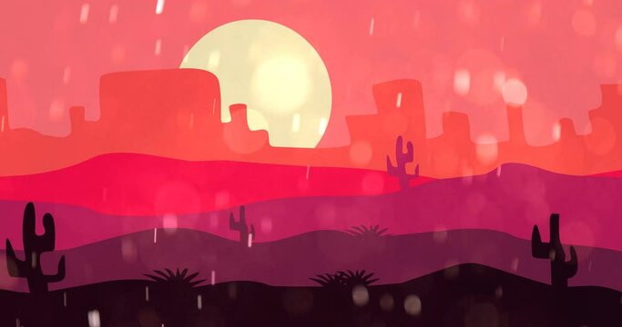 animation of cactus rocky mountains and desert in red twilight