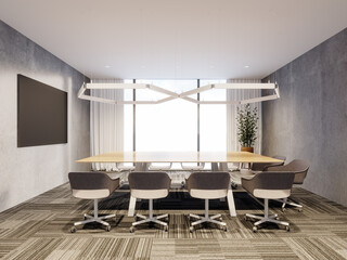 Modern conference or meeting room with concrete walls 3D Rendering, 3D Illustration