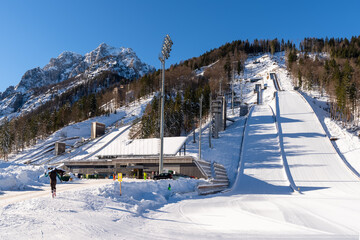 View of Ski Jump in Planica, Slovenia at Ratece near Kranjska gora in winter with snow.