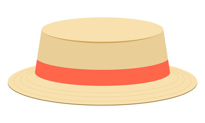 Straw hat with an orange ribbon. Cartoon illustration