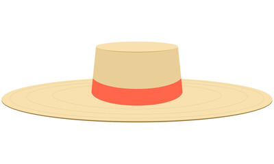 Straw hat with an orange ribbon. Cartoon illustration