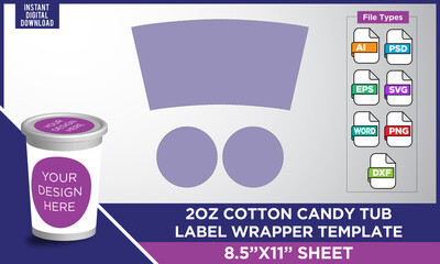 2oz Cotton candy tub label wrapper Template 8.5”x11” paper sheet. It is blank template perfect for creating your own personalized objects! 