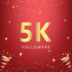 Obraz na płótnie Canvas Thank you 5k or 5 thousand followers with gold bokeh and star isolated on red background. Premium design for social media story, social sites posts, greeting card, social networks, poster, banner.
