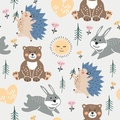 Hedgehog, bear, hare and coniferous trees. Forest animals. Childish seamless pattern.
