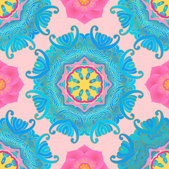 Beautiful asian mandala seamless pattern with lotus flowers Indian, tibetan, muslim, arabic, nepali ornament background Vector illustration