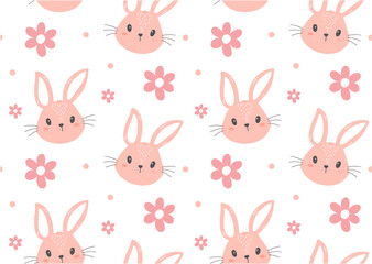 cute pink bunny rabbit face floral pattern seamless isolated on white background, nursery animal hand drawing vector