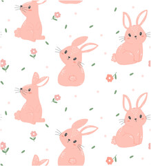 cute pink bunny rabbit pattern seamless isolated on white background, nursery animal hand drawing vector