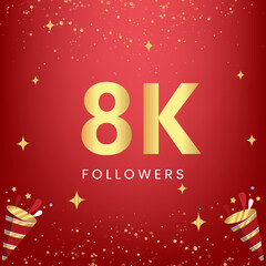 Thank you 8k or 8 thousand followers with gold bokeh and star isolated on red background. Premium design for social media story, social sites posts, greeting card, social networks, poster, banner.
