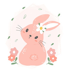 cute pink bunny rabbit sitting with flowers, adorable nursery animal hand drawing vector illustration