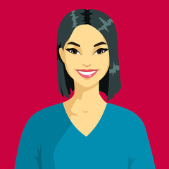 Portrait of a smiling young woman of Asian appearance. A beautiful girl with black hair and a bob haircut. Avatar of a happy woman isolated on a red background. Cartoon style. Vector.
