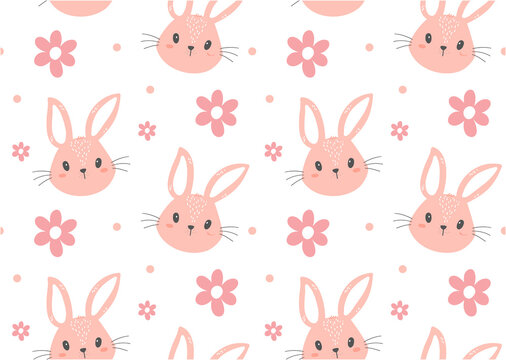 cute pink bunny rabbit face floral pattern seamless isolated on white background, nursery animal hand drawing vector