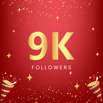Thank you 9k or 9 thousand followers with gold bokeh and star isolated on red background. Premium design for social media story, social sites posts, greeting card, social networks, poster, banner.
