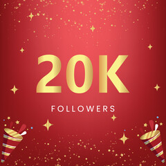 Fototapeta na wymiar Thank you 20k or 20 thousand followers with gold bokeh and star isolated on red background. Premium design for social media story, social sites posts, greeting card, social networks, poster, banner.