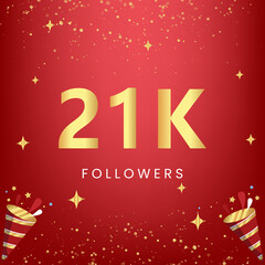 Thank you 21k or 21 thousand followers with gold bokeh and star isolated on red background. Premium design for social media story, social sites posts, greeting card, social networks, poster, banner.