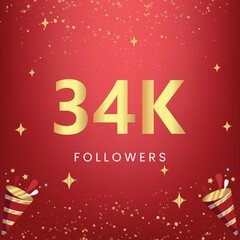 Obraz na płótnie Canvas Thank you 34k or 34 thousand followers with gold bokeh and star isolated on red background. Premium design for social media story, social sites posts, greeting card, social networks, poster, banner.