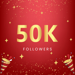 Thank you 50k or 50 thousand followers with gold bokeh and star isolated on red background. Premium design for social media story, social sites posts, greeting card, social networks, poster, banner.