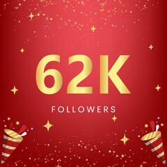 Thank you 62k or 62 thousand followers with gold bokeh and star isolated on red background. Premium design for social media story, social sites posts, greeting card, social networks, poster, banner.