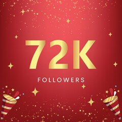 Fototapeta na wymiar Thank you 72k or 72 thousand followers with gold bokeh and star isolated on red background. Premium design for social media story, social sites posts, greeting card, social networks, poster, banner.