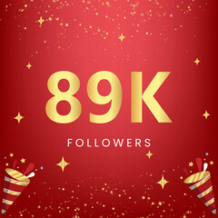 Thank you 89k or 89 thousand followers with gold bokeh and star isolated on red background. Premium design for social media story, social sites posts, greeting card, social networks, poster, banner.