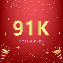 Thank you 91k or 91 thousand followers with gold bokeh and star isolated on red background. Premium design for social media story, social sites posts, greeting card, social networks, poster, banner.