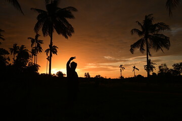 a man is enjoying the sunset with a community of coconut trees on the beach in the orange sun