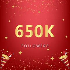 Thank you 650k or 650 thousand followers with gold bokeh and star isolated on red background. Premium design for social media story, social sites posts, greeting card, social networks, poster, banner.
