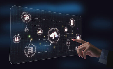 Fototapeta premium Business hands click on cloud-connected virtual screens. cloud computing concept cloud technology database technology internet network service file access Document sharing and storage