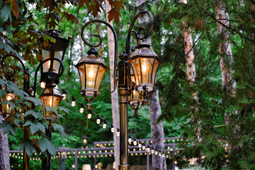 Retro style streetlights with warm illumination. Vintage lantern in the city park. Decorative...