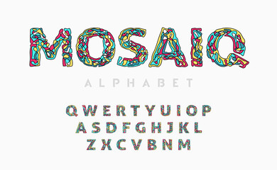 Decorative joy alphabet, mosaic style letters set. Vector illustration.
