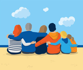 illustration vectorielle représentant une famille unie , tournée vers l'avenir se tenant par la taille. Parents, grands parents et enfants se soutiennent et sont assis face à la mer